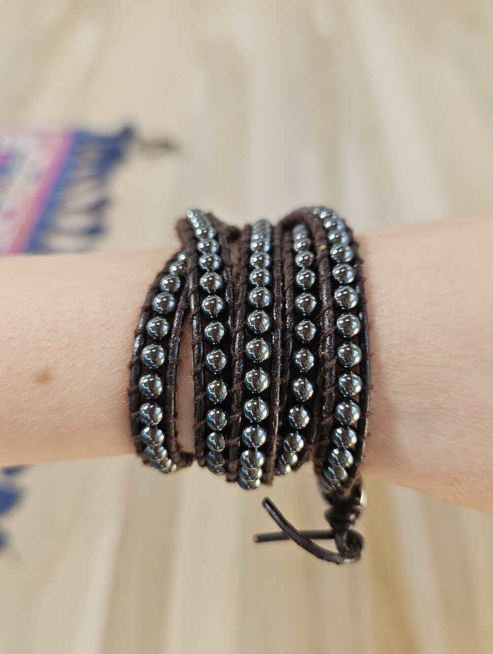 Lulu Dhadma Handmade Dark Brown Wrap Bracelet with Hematite Beads